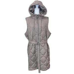 Zella All Day Puffer Vest Jacket Sz 1X Longline Sleeveless Hood Belt Full Zip
